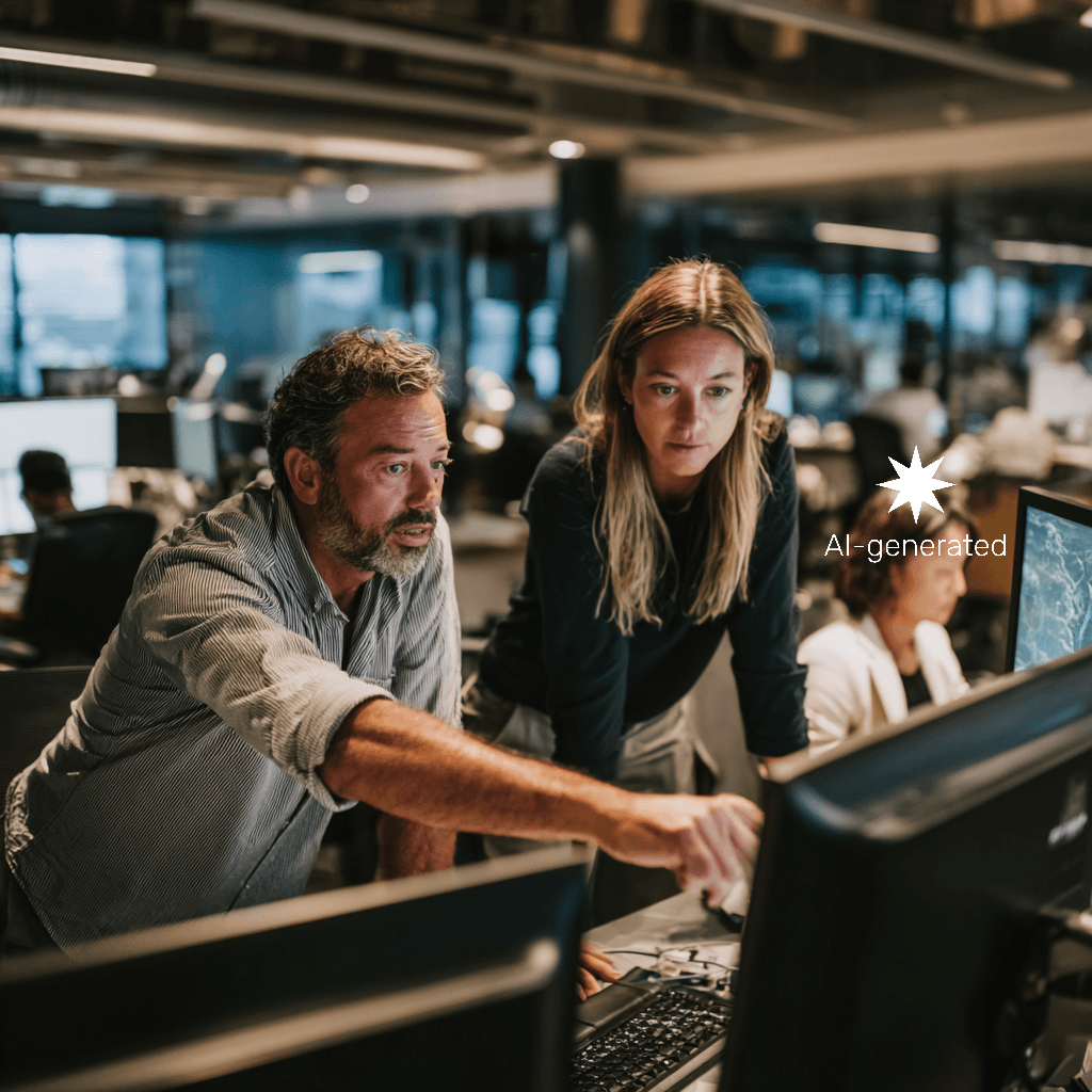 Two editors reviewing content on a shared monitor in an open-plan newsroom, one pointing at the screen during a conversation. AI generated image